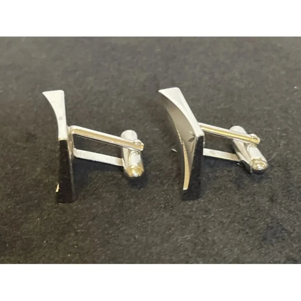 Silver Tone Square Etched Cufflinks Men's Vintage Formal Wear Bullet Back